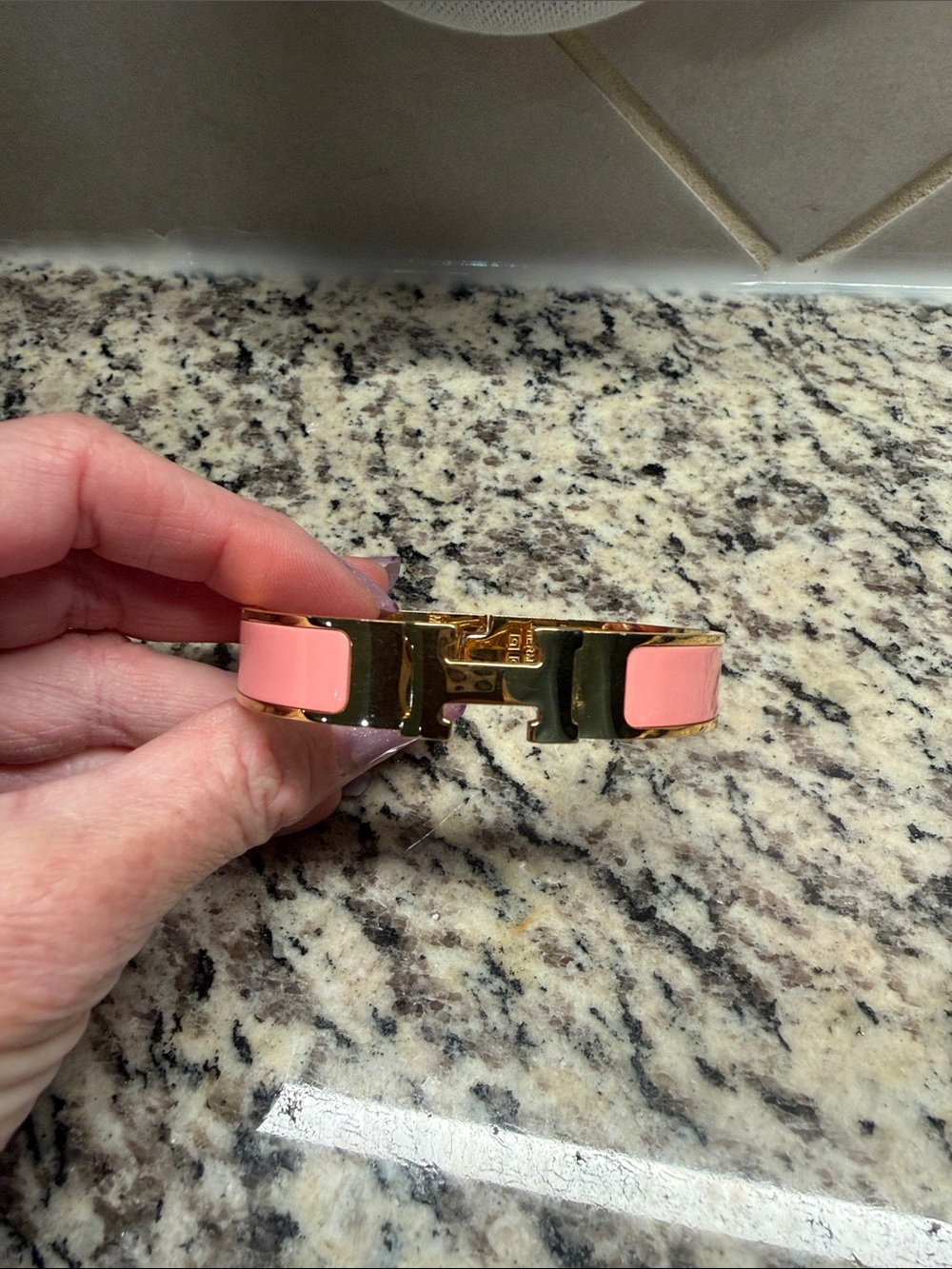 Gold Bracelet with Pink Enamel Inlay